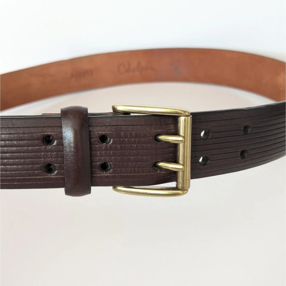 Cole Haan Mens 36 Brown Etched Leather Belt Solid Brass Buckle Double Prong